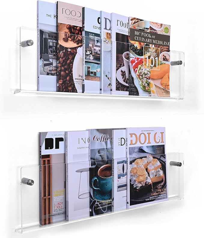 2 Pack 24 Inch Clear Acrylic Magazine Holder, Floating Brochure Display, Invisible Record Holder Magazine Rack, Hanging Bookshelf Literature for Waiting Room, Office, Home