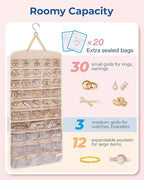 BAGSMART Hanging Jewelry Organizer, Necklace Holder Anti-tangle Earrings Rings Hanger with Pockets Hang on Closet, Wall, Door,1 Piece, Extra Large Beige