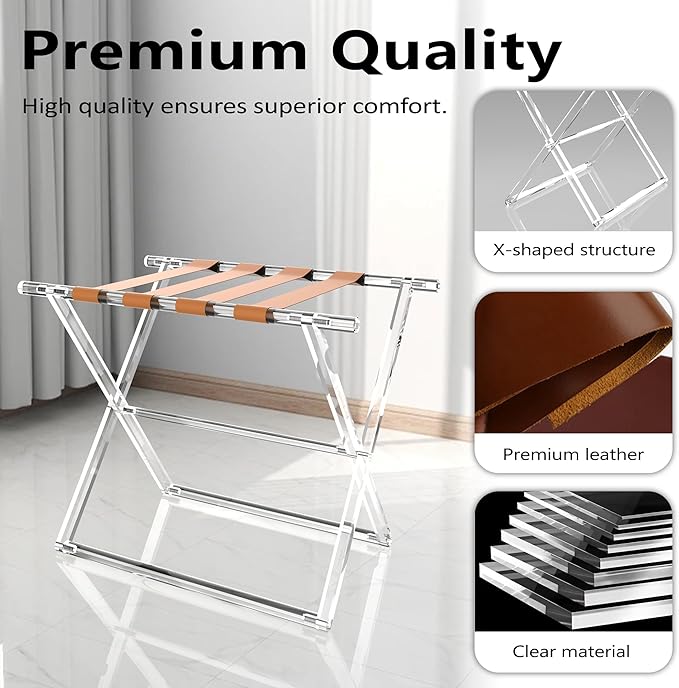 Acrylic Luggage Rack for Guest Room,Folding Luggage Rack with Leather Straps,Holds up to 120 lbs Suitcase Stand for Bedroom, Living Room and Hotel (Brown Leather)