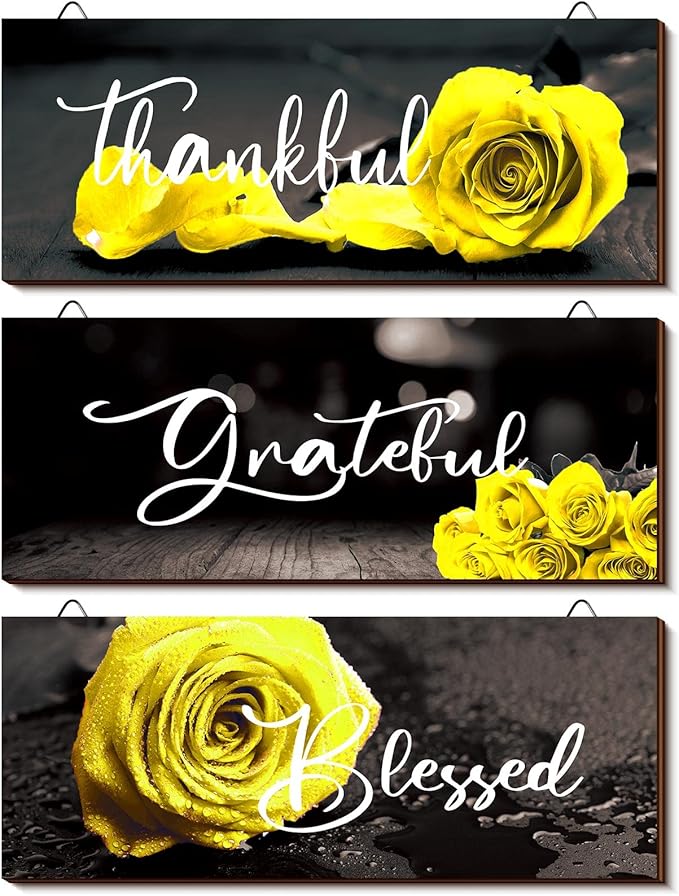 Hillban 3 Pieces Rose Wooden Wall Decor Rose Bathroom Decor Thankful Grateful Blessed Accessories Inspirational Wall Art Signs for Living Room Kitchen Wedding(10 x 4 Inch,Yellow)