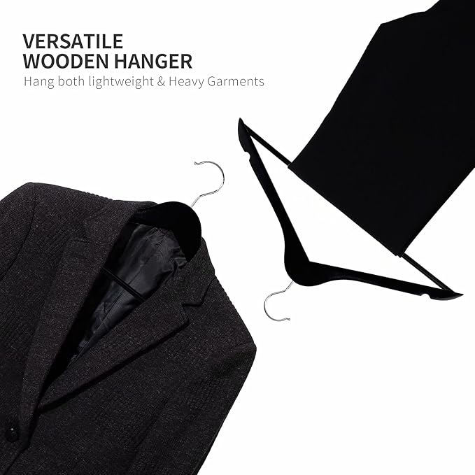 ELONG HOME Solid Wooden Hangers 20 Pack, Wood Suit Hangers with Extra Smooth Finish, Precisely Cut Notches and Chrome Swivel Hook, Wooden Clothes Hangers for Shirt Coat Jacket Dress, Black