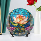 Decorative Plates for Wall Hanging, Water Lily Blue Stained Glass Print Ceramic Plate w/Display Stand, Home Decor for Kitchen Cabinets, Farmhouse Round Tray 10 Inch, Gift for Lotus Lover