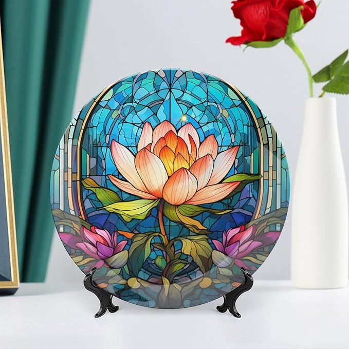 Decorative Plates for Wall Hanging, Water Lily Blue Stained Glass Print Ceramic Plate w/Display Stand, Home Decor for Kitchen Cabinets, Farmhouse Round Tray 10 Inch, Gift for Lotus Lover