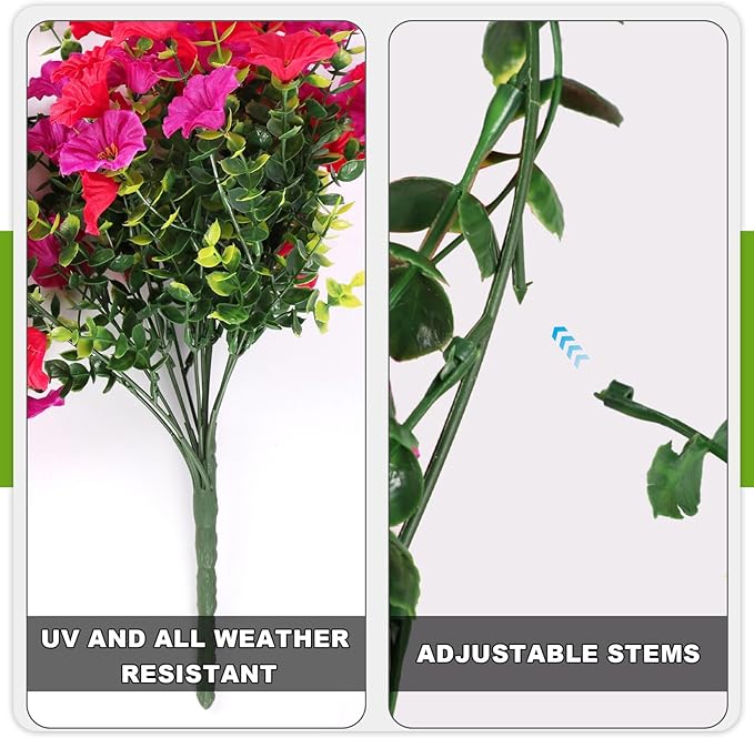 Fake Artificial Hanging Flowers for Outdoor, 2 PCS Silk Morning Glory Faux Flowers with Eucalyptus Leaves,Realistic Hanging Plants for Wedding Home Office Garden Decor
