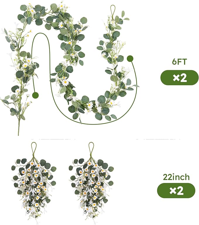 Pinkpum 20'' Eucalyptus Wreath 22'' Daisy Teardrop Swags Set 4 for Front Door Fireplace Hanging Porch Wall Home Window Kitchen Decor Farmhouse Garden Party Indoor Outdoor Summer Spring Fall