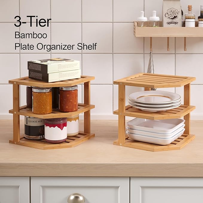VERTORGAN 3 Tier Bamboo Corner Shelf(2 Pack),Plate Organizer,Dish Drying Rack,Kitchen Spice Rack for Countertop and Cabinet