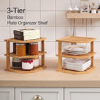 VERTORGAN 3 Tier Bamboo Corner Shelf(2 Pack),Plate Organizer,Dish Drying Rack,Kitchen Spice Rack for Countertop and Cabinet