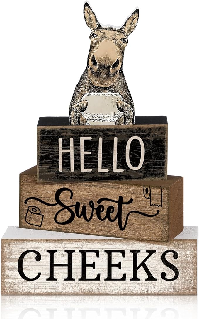 Moucuny 4 Pcs Donkey Bathroom Decor Set Farmhouse Bathroom Decor and Accessories Rustic Hello Sweet Cheeks Wooden Blocks Signs Funny Donkey Toilet Shelf Decoration for Home Office Half Bath