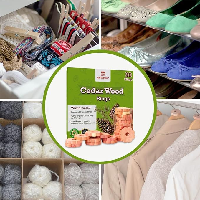 Cedar Blocks for Clothes Storage - Raimarket 30 Pack Cedar Rings - 100% Natural Aromatic Cedar Wood Chips for Closets, Wardrobe, Drawers & Shelves - Scented Wardrobe Freshener- Moisture Absorption