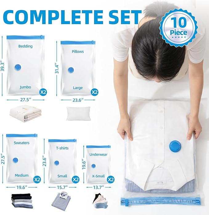 Vacuum Storage Bags with Electric Pump, Vacuum Seal Bags, Space Saver Compression Bags for Clothing, Pillows, Blanket, Bedding Comforters, Travel Lugggage, 10 Combo