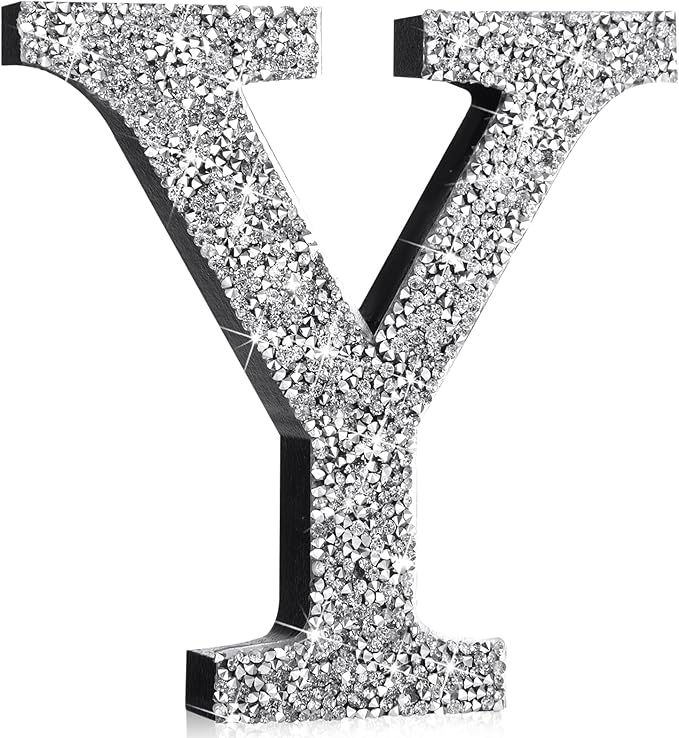 Qunclay 5.7" Silver Crystal Diamond Bling Letters Crushed Diamond Decoration Wooden Glitter Letter with Screw and Hooks Rhinestone Gift for Wedding Y2k Mcbling Bedroom Wall Decor (Letter Y)