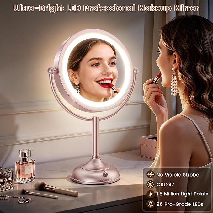 VESAUR Lighted Makeup Mirror Rose Gold Nickel, Double Sided 1X/10X HD Undistorted Magnifying Mirror, 8.5" Vanity Mirror with 3 Colors Dimmable 90 Bright LEDs, 360°Swivel Two Power Supply, Luxury Gifts