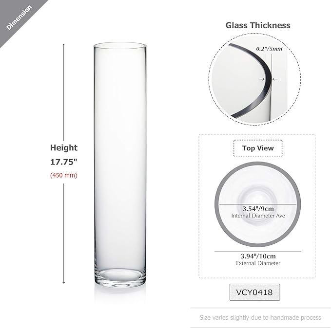 WGVI Quality Thick Weighted Tall Clear Cylinder Glass Vases, 4" W x 18" H, Flower Arrangement Floating Candle Holders Wedding Centerpieces Event Floral Container Display Decor, Bulk Wholesale, 6 Pcs