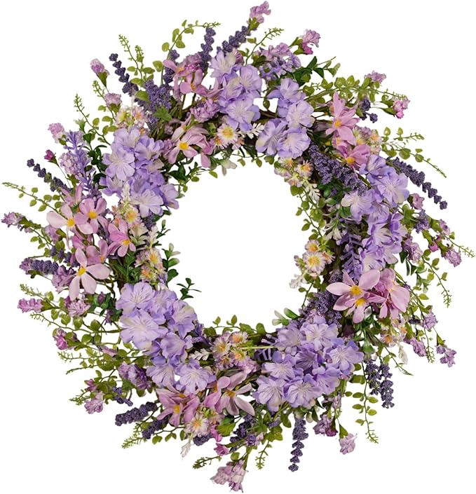 Purple Hydrangea Wreath for Front Door, 22 Inch Spring Wreath with Lavender & Artificial Flowers, Berry and Grain Accents, Rustic Farmhouse Floral Wreath for Outdoor Porch Indoor Home Decor