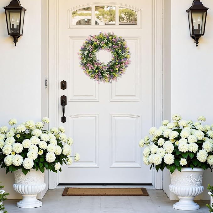 SHACOS Spring Wreath 17" Artificial Front Door Wreaths Pink Purple Yellow White Colorful Wreath for Home Wall Window Farmhouse Decoration 100% Plastic Indoor Outdoor