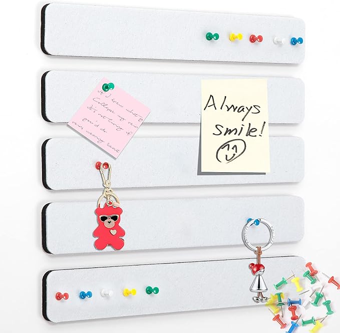 5 Pack Felt Pin Board Bar Strips Bulletin Board for Bedrooms Offices Home Wall Decoration, Notice Board Self Adhesive Cork Board with 35 Push Pins for Paste Notes, Photos, Schedules (White)