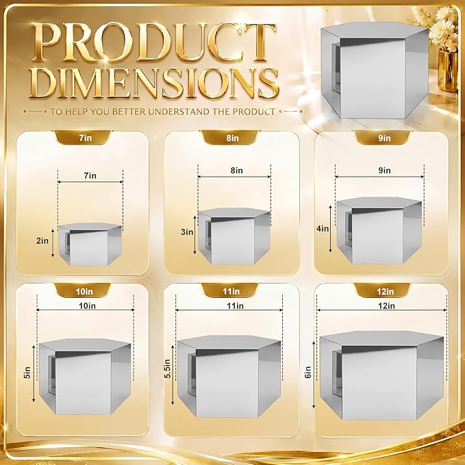 Geelin 6 Pack Acrylic Risers for Display Acrylic Cube Boxes Risers Display Stands with Hollow Bottoms Decorative Stand for Jewelry Candy Table Decor 6 Sizes (Sliver,7 to 12 Inch,Hexagonal)
