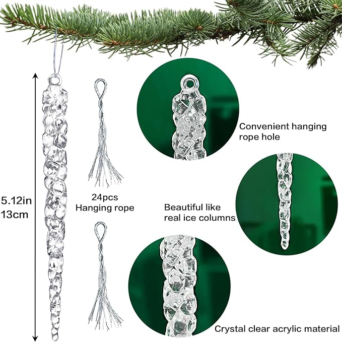 24pk Christmas Icicle Ornaments for Christmas Tree Decorations, Hanging Acrylic Crystal Christmas Ornaments 5.1" Clear Plastic Icicles for Xmas Tree Winter Wonderland Home Decor Holiday Party Supplies