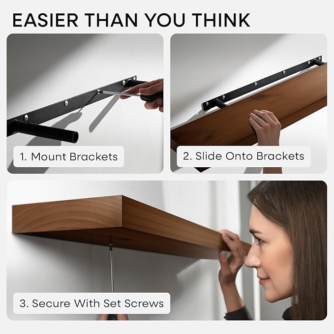 Homeforia 24inch Walnut Floating Shelves for Wall, High End Solid Real Wood 24in Floating Shelf for Bathroom, Dark Brown 24 inch Long Floating Shelves, Heavy Duty Bracket, 24 X 6.5 X 1.75 in, Set of 3