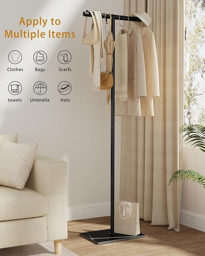 OUTBROS T-shaped Coat Rack Freestanding, Modern Clothes Rack with Rock Slab Base, Heavy-duty Metal Coat Hanging Rack for Boutiques, Hallway, Entryway, 68.9 Inches High, Black