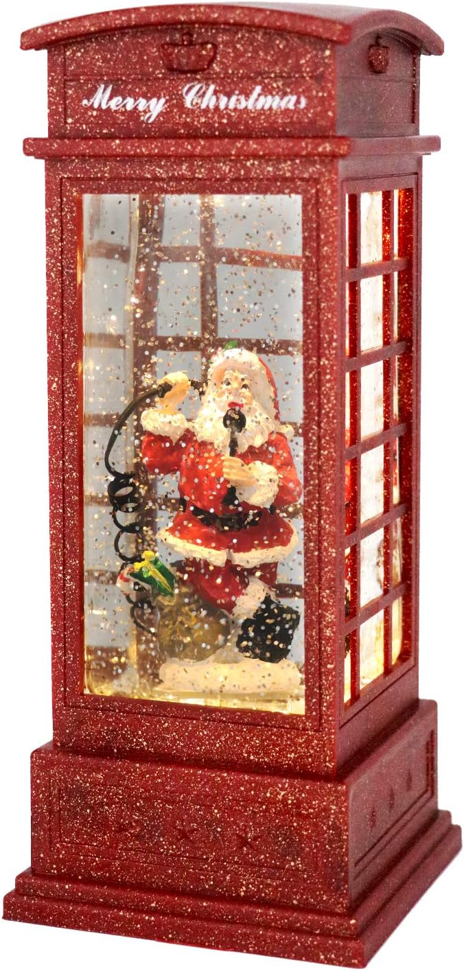 Wondise Snow Globe with Timer, Battery Operated Telephone Booth Snow Globes Spinning Water and Swirling Glitter (Santa)