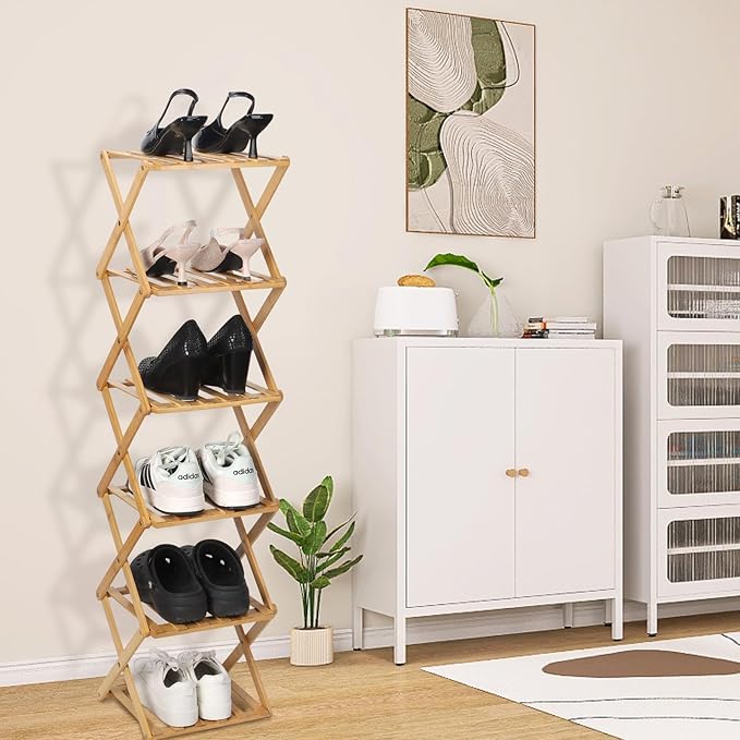 Bamboo Shoe Rack 6 Tier Foldable Shoe Rack Narrow Vertical Shoe Organizer Free Standing Shelf, Multifunctional Slim Storage for Entryway, Corner, Bedroom, Hallway, Wood Color