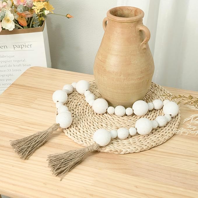 2" Extra Large Wood Bead Garland with Tassels, 50" Long Rustic Farmhouse Wooden Beads Garland, Decorative Beads Boho Decorations for Home Table Mantle White