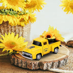 Sunflower Vintage Metal Truck Mini Metal Farm Truck Decor with Sunflower Bouquet Farmhouse Rustic Pickup Tiered Tray Decor for Home Kitchen Shelf Table Decor Yellow