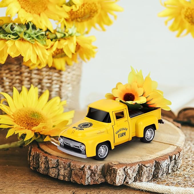 Sunflower Vintage Metal Truck Mini Metal Farm Truck Decor with Sunflower Bouquet Farmhouse Rustic Pickup Tiered Tray Decor for Home Kitchen Shelf Table Decor Yellow