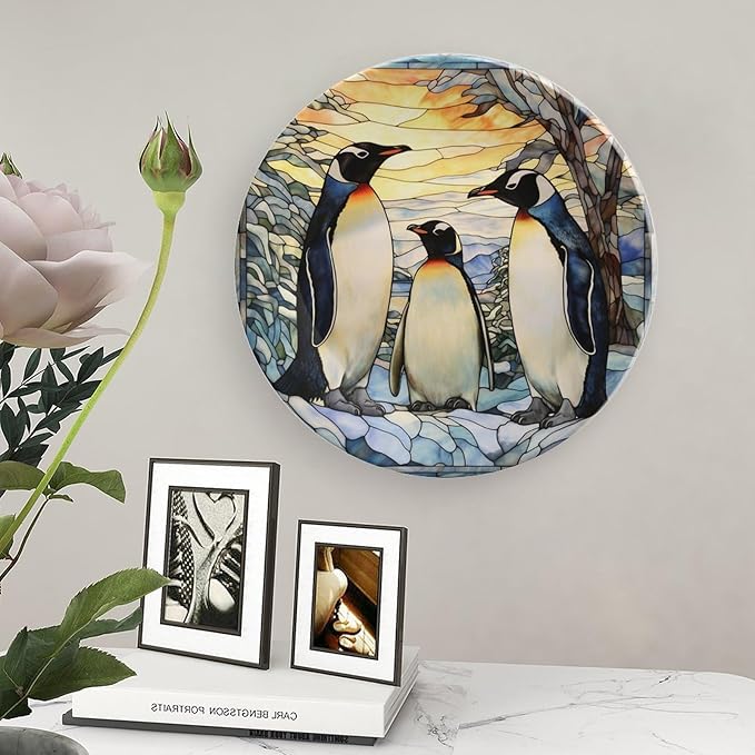 Penguins Family Snowy Forest Stained Glass Painting Decorative Plates Home Decor Ceramic Plates, Dinner Plates Display for Kitchen, Hallway Console Side Table, Presents for Penguin Lovers, 8 Inch