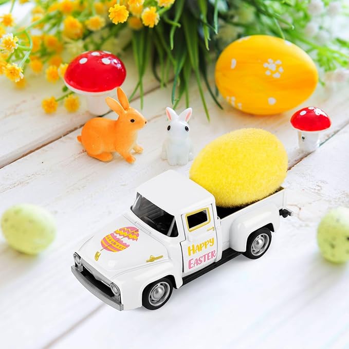 Easter Metal Truck with Yellow Eggs Easter Party Decors Easters Gifts Basket Stuffers Farmhouse Vintage White Metal Truck Decor Vintage Collectible Car for Desk Bookshelf