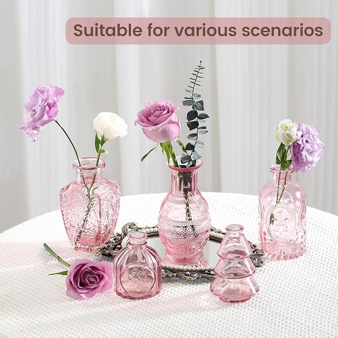 Mini Bud Vases Centerpieces for Tables,Clear Bud Vases for Flowers,Small Flower Vases Suitable for Birthday Party,Anniversary,Wedding Reception,Baby Shower (Pink, 12PCS)