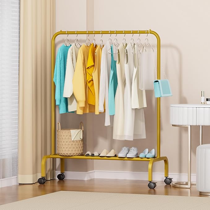 Rolling Clothing Racks for Hanging Clothes, Garment Rack for Clothes to Hang, Metal Portable Wardrobe Rack for Coats, Jackets, Shirts, Dress,Warm Gold