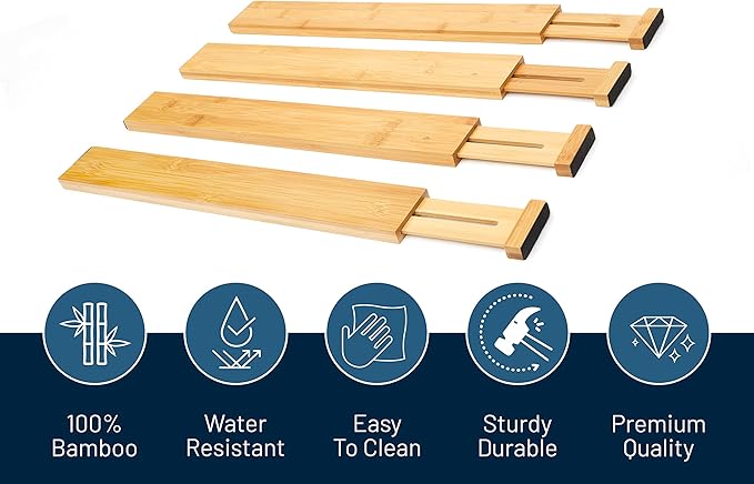 RoyalHouse Adjustable Bamboo Drawer Dividers Organizers, Expandable Drawer Separators for your Kitchen, Bedroom, Bathroom, Dresser, Office, and More (8 pieces)