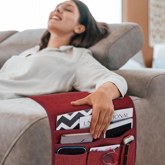 Teniux Remote Control Holder Armchair Caddy for Recliner Couch, Non-Slip Armrest Organizer with 5 Pockets for Magazine, Tablet, Phone, iPad (Red)