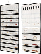 48 Pockets Hanging Jewelry Organizer with Necklace Straps, Double-Sided White Closet Jewelry Holder for Space-Saving Storage of Earrings, Bracelets & Necklaces