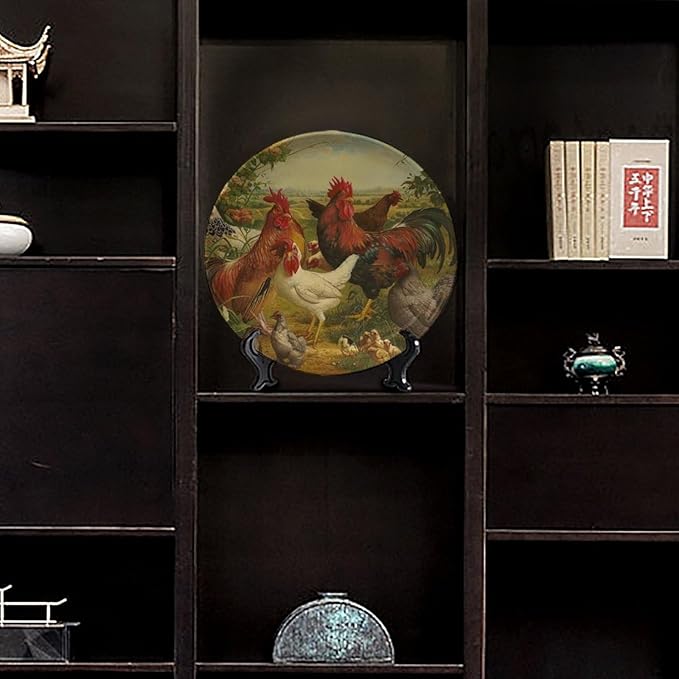 Rooster Decorative Ceramic Plates, 10 Inch, Rooster Hen Chick White Chicken Gathering Round Display Plate, Decorative Plates with Stand, for Home Kitchen Bedroom Decorative Ornaments