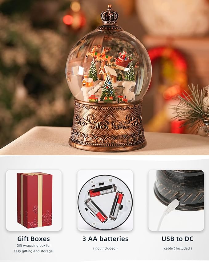Snow Globe Christmas with Elk, Lighted Christmas Snow Globes with Timer, Swirling Musical Glittering Snowglobe Lantern for Decorations(SnowTrain Elk)