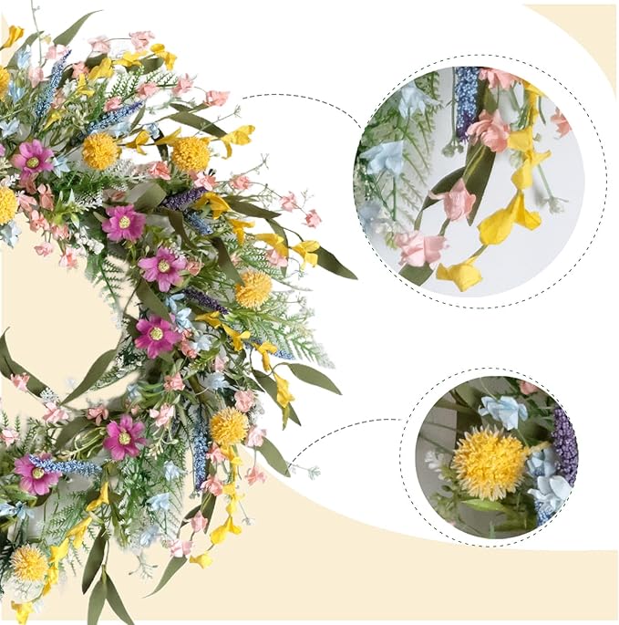 22" Spring Summer Wreath for Front Door - Colorful Wildflower Wreath with Lavender & Forsythia, Everyday Floral Wreaths for Front Door Outside, Spring Door Wreath for Indoor Home Decor