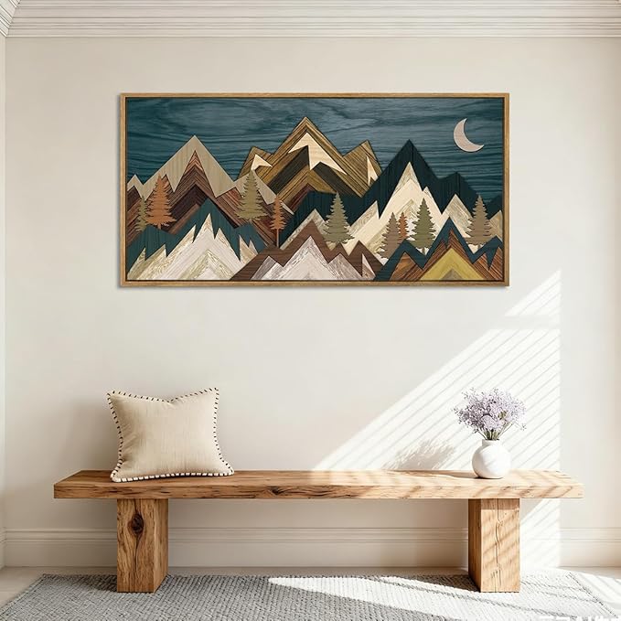 BINCUE Mountain Wall Art Framed Mountain Wall Pictures Nature Forest Wall Decor Rustic Farmhouse Wall Paintings Moon Art Large Landscape Artwork for Farmhouse Living Room Bedroom Dining Room 20x40 Inch