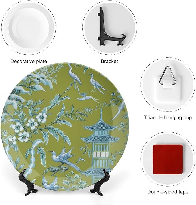 Pagoda Garden Imperial Vintage Plates for Display Asian Green Chinoiserie Household Display Supplies Farmhouse Festival Holiday Party Decorations Personalized Gifts for Men Women Holiday