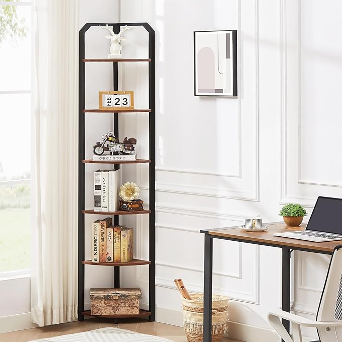 MNEETRUNG 71" Corner Shelf,6 Tier Industrial Corner Bookshelf, Freestanding Shelf Stand for Small Space,Home Office,Living Room,Bedroom,Brown