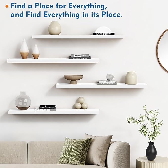 Harwaya White Wood Floating Shelves 36 Inches Long Set of 2, Large Modern Wall Shelves for Bathroom Bedroom Closet Living Room Office Books Plants Legos Art Décor Picture Frames (White)