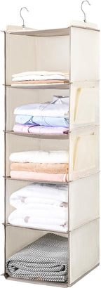 BOOMIBOO Hanging Closet Organize and Shelves，5-Hanging Shelf with 2 Side Pockets，Storage Foldable （Beige）