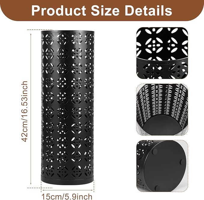 Umbrella Stand for Entryway, Metal Umbrella Holder, Freestanding Umbrella Stand Round Umbrella Holder Bin Waterproof Umbrella Storage Rack Indoor Walking Stick Holder for Home Entryway(15*42cm,Black)