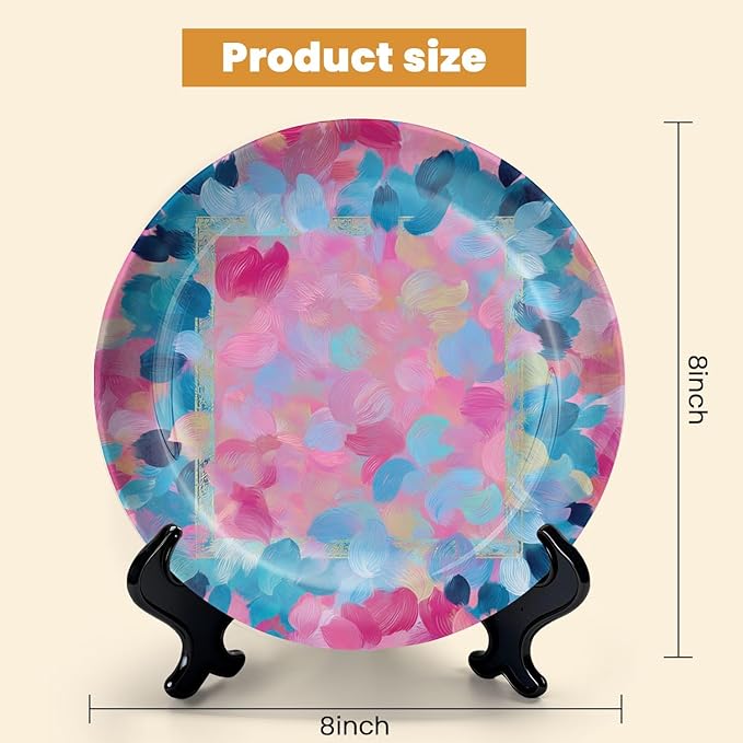 HABEN ARTWORK 8" Ceramic Plates for Display Colorful Abstract Floral Pink Blue Swirls Decorative Plate with Stand and Hook for Kitchen Dining Room Wall Hanging Decor