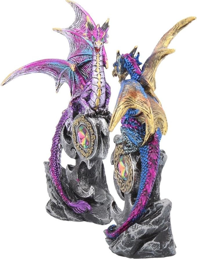 Nemesis Now Realm Protectors Dragon Figurines, Set of Two, Hand-Painted Resin, Fantasy Crystal Ornaments Collectible Decor, 15cm