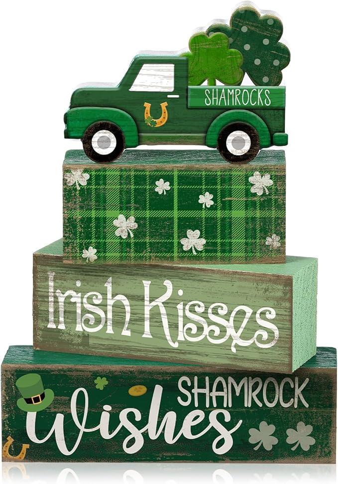 Lineshading 4 Pcs St. Patrick's Day Table Decoration Wooden Shamrocks Truck St Patrick's Day Tiered Tray Decor Irish Table Centerpiece for Saint Patty's Party Farmhouse Home Kitchen Decor