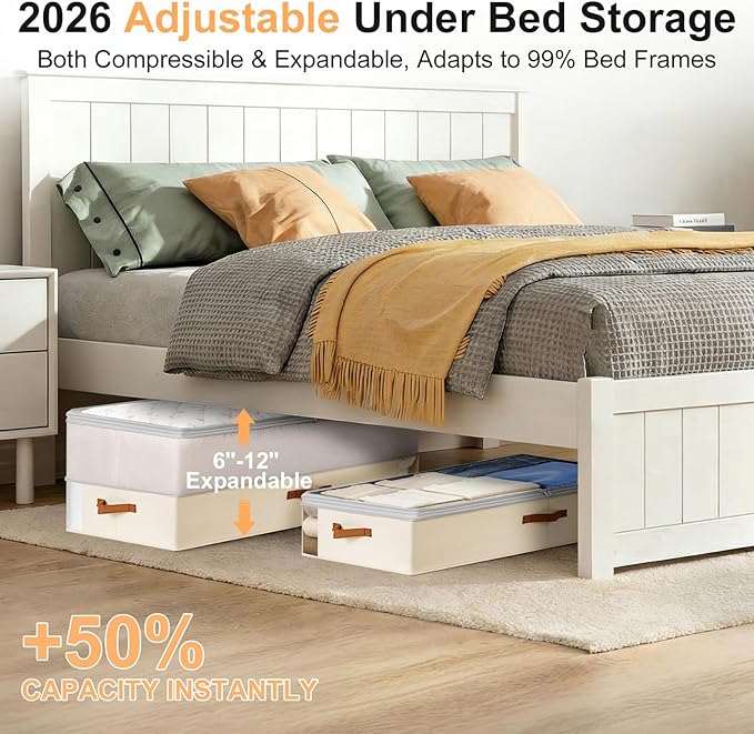 Under Bed Storage Bins - 98L Height-adjustable Under Bed Storage Containers, Compression Blanket Storage Comforter Storage Sweater Storage, Clothes Storage Bins With Clear Window, 3 Pack Beige