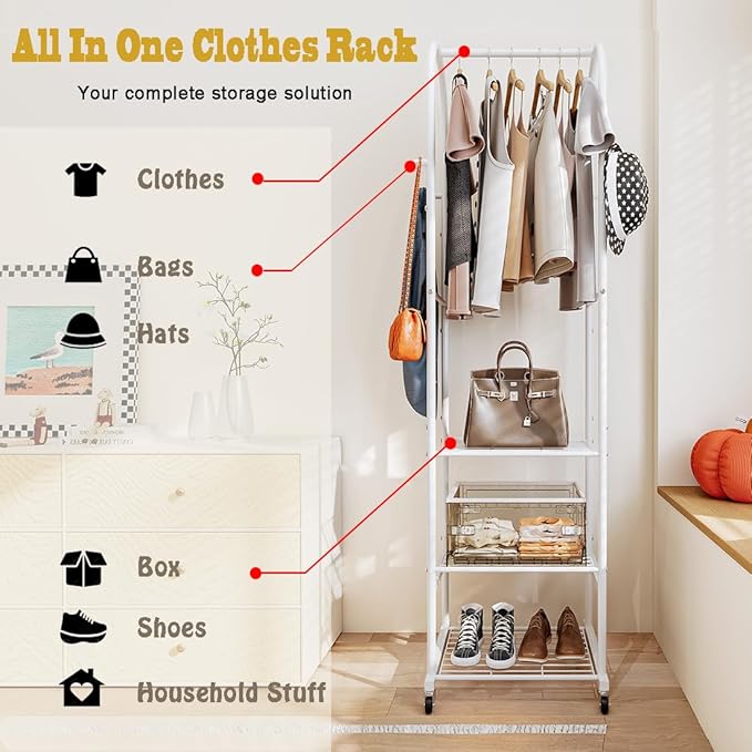 SUOERNUO Clothes Rack With Wheels and 3-Tier Metal Shelves,Clothing Rack For Hanging Clothes With 4 Hooks,Garment Rack Wardrobe Organizer for Small Space,Black (white, 16.54 * 18.23 * 72.05)